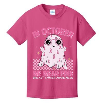 In October We Wear Pink Breast Cancer Awareness Halloween Pink Ghost Kids T-Shirt