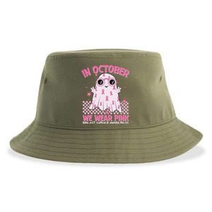 In October We Wear Pink Breast Cancer Awareness Halloween Pink Ghost Sustainable Bucket Hat