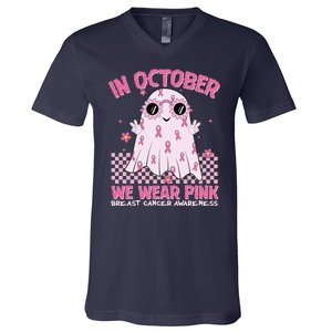 In October We Wear Pink Breast Cancer Awareness Halloween Pink Ghost V-Neck T-Shirt