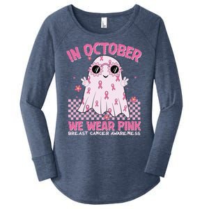 In October We Wear Pink Breast Cancer Awareness Halloween Pink Ghost Women's Perfect Tri Tunic Long Sleeve Shirt