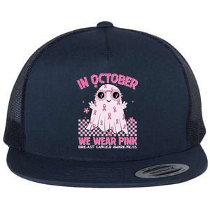 In October We Wear Pink Breast Cancer Awareness Halloween Pink Ghost Flat Bill Trucker Hat