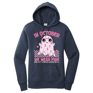 In October We Wear Pink Breast Cancer Awareness Halloween Pink Ghost Women's Pullover Hoodie