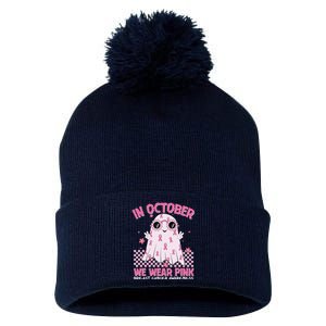 In October We Wear Pink Breast Cancer Awareness Halloween Pink Ghost Pom Pom 12in Knit Beanie