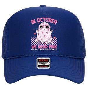 In October We Wear Pink Breast Cancer Awareness Halloween Pink Ghost High Crown Mesh Back Trucker Hat