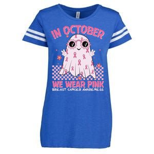 In October We Wear Pink Breast Cancer Awareness Halloween Pink Ghost Enza Ladies Jersey Football T-Shirt