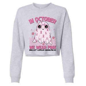 In October We Wear Pink Breast Cancer Awareness Halloween Pink Ghost Cropped Pullover Crew