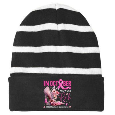 In October We Wear Pink for Breast Cancer Awareness Striped Beanie with Solid Band