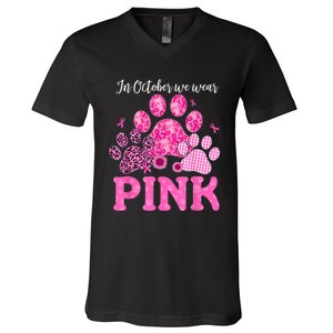 In October We Wear Pink Dog Cat Paw Breast Cancer Awareness V-Neck T-Shirt