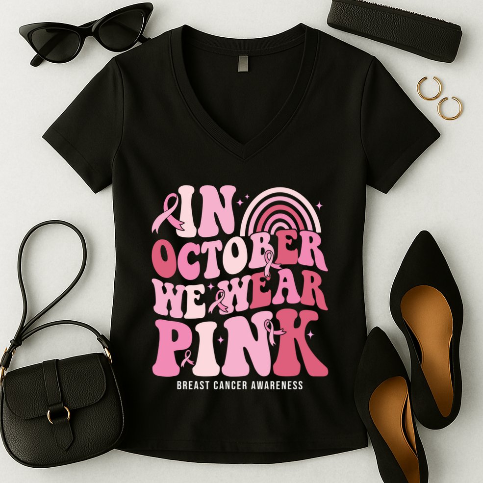 In October We Wear Pink Breast Cancer Awareness Women's V-Neck T-Shirt