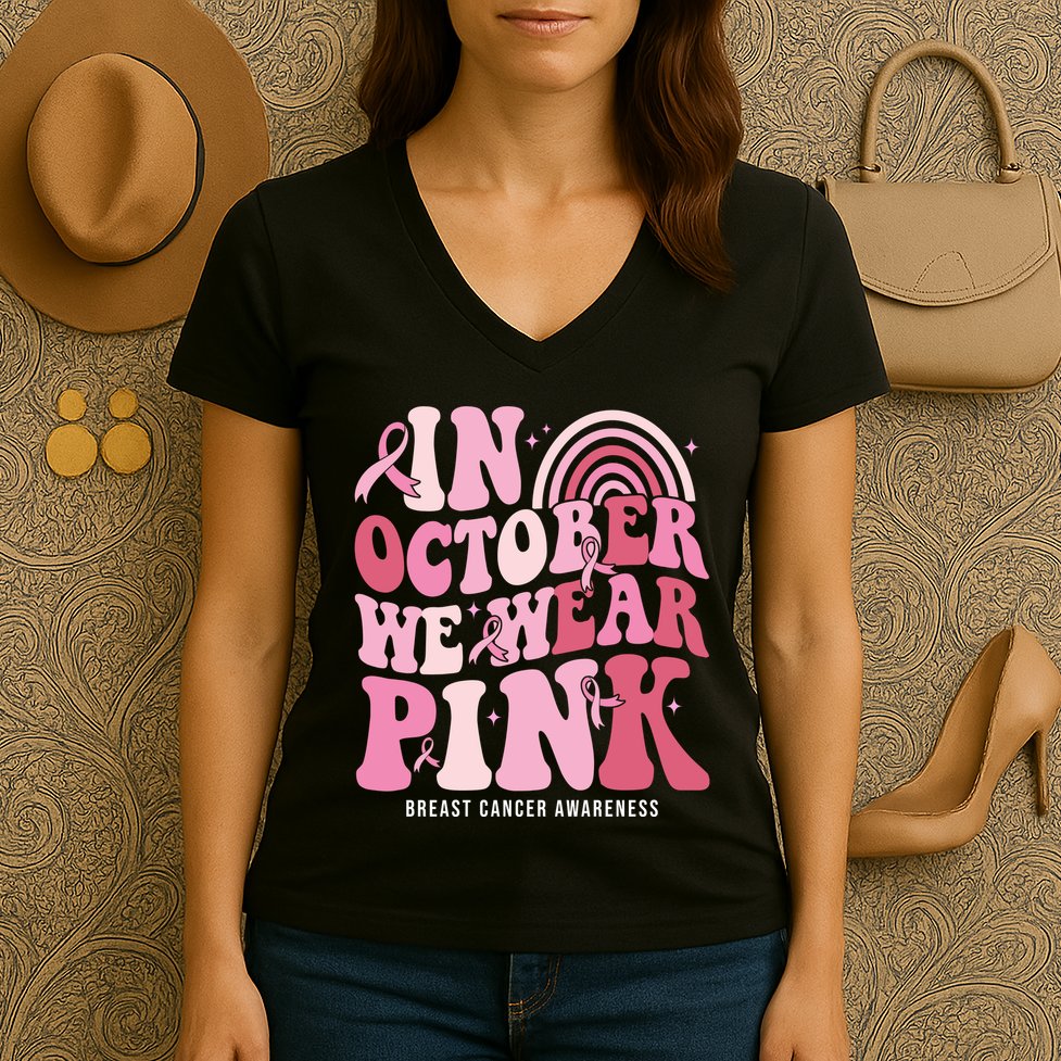 In October We Wear Pink Breast Cancer Awareness Women's V-Neck T-Shirt