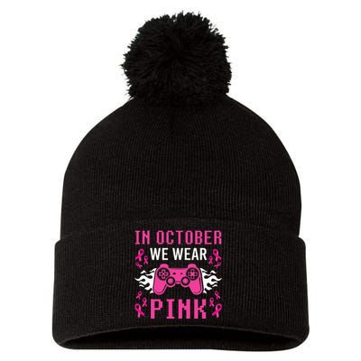 In October We Wear Pink Breast Cancer Gaming Pom Pom 12in Knit Beanie