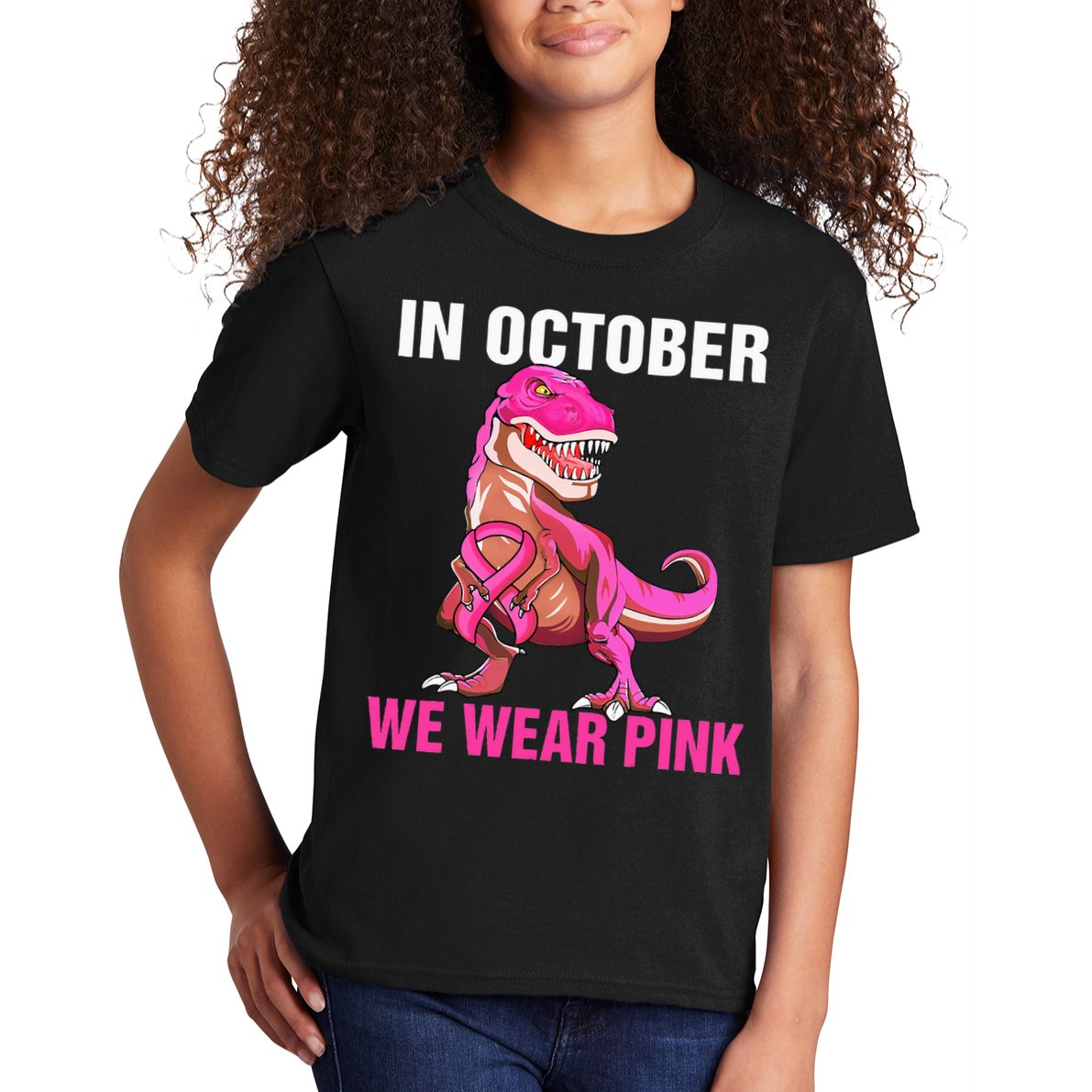 In October We Wear P.I.N.K Breast Cancer Trex Dino Kids T-Shirt