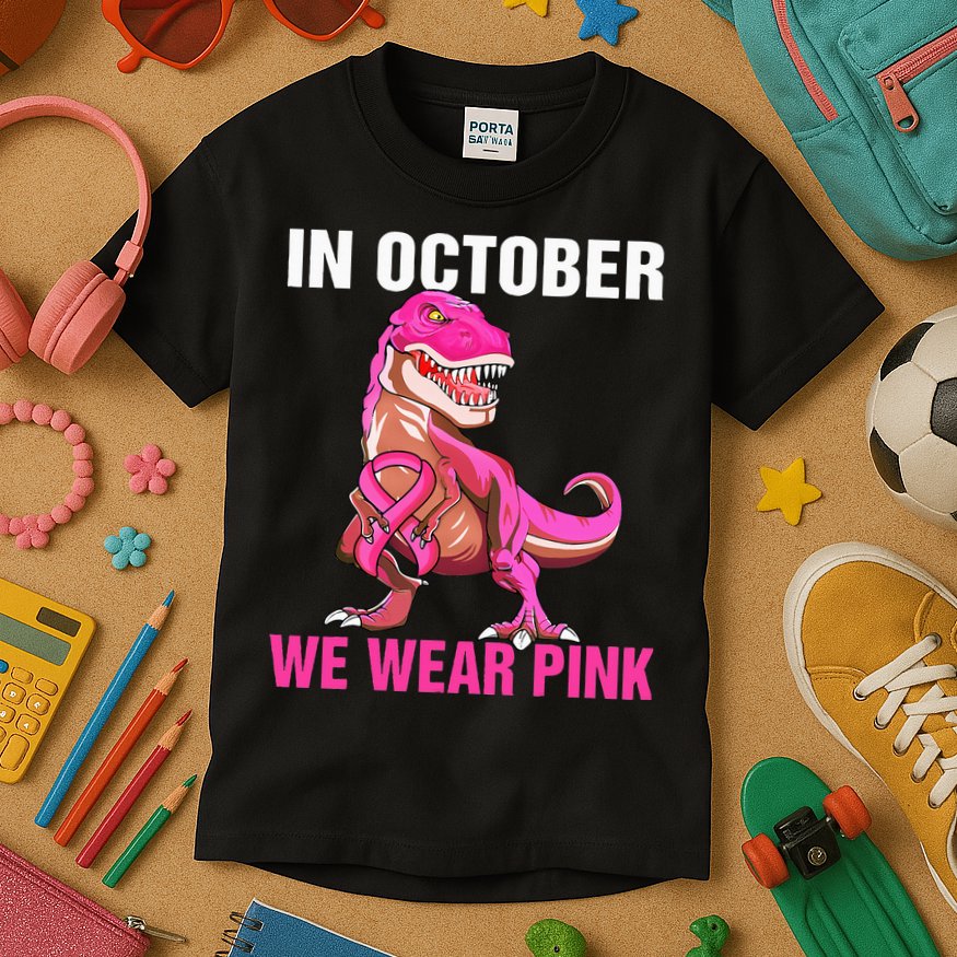 In October We Wear P.I.N.K Breast Cancer Trex Dino Kids T-Shirt
