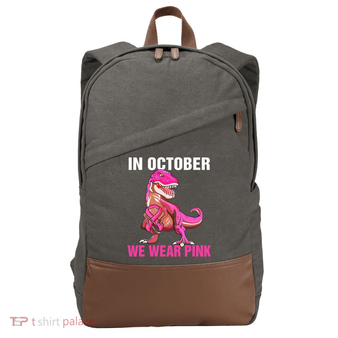 In October We Wear P.I.N.K Breast Cancer Trex Dino Cotton Canvas Backpack