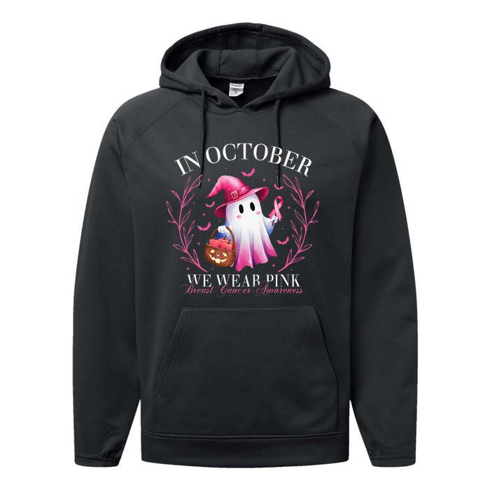 In October We Wear Ghost Witch Breast Cancer Awareness Performance Fleece Hoodie