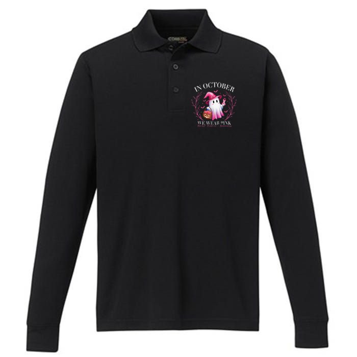 In October We Wear Ghost Witch Breast Cancer Awareness Performance Long Sleeve Polo