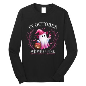 In October We Wear Ghost Witch Breast Cancer Awareness Long Sleeve Shirt