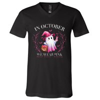 In October We Wear Ghost Witch Breast Cancer Awareness V-Neck T-Shirt