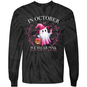 In October We Wear Ghost Witch Breast Cancer Awareness Tie-Dye Long Sleeve Shirt