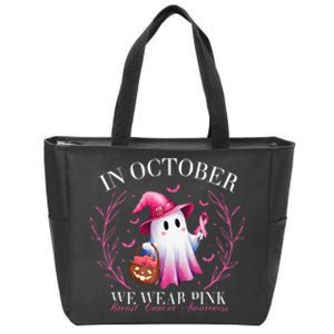 In October We Wear Ghost Witch Breast Cancer Awareness Zip Tote Bag