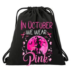 In October We Wear Ribbon Pink Halloween Witch Breast Cancer Drawstring Bag