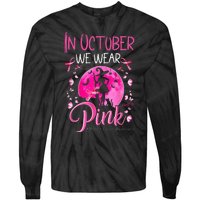 In October We Wear Ribbon Pink Halloween Witch Breast Cancer Tie-Dye Long Sleeve Shirt