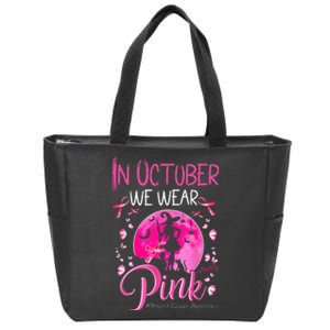 In October We Wear Ribbon Pink Halloween Witch Breast Cancer Zip Tote Bag