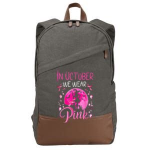 In October We Wear Ribbon Pink Halloween Witch Breast Cancer Cotton Canvas Backpack