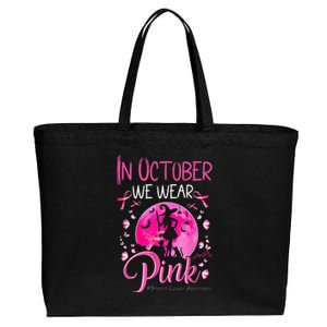 In October We Wear Ribbon Pink Halloween Witch Breast Cancer Cotton Canvas Jumbo Tote