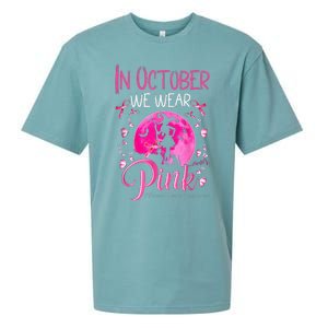 In October We Wear Ribbon Pink Halloween Witch Breast Cancer Sueded Cloud Jersey T-Shirt