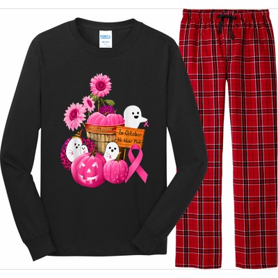 In October We Wear Pink Ghosts & Pumpkins For Breast Cancer Long Sleeve Pajama Set