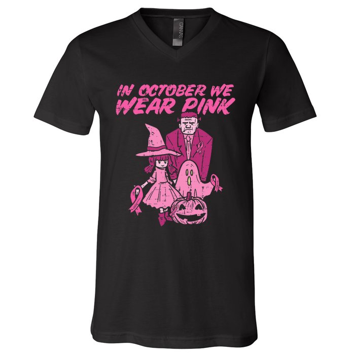 In October We Wear Pink Witch Ghost Breast Cancer Awareness V-Neck T-Shirt