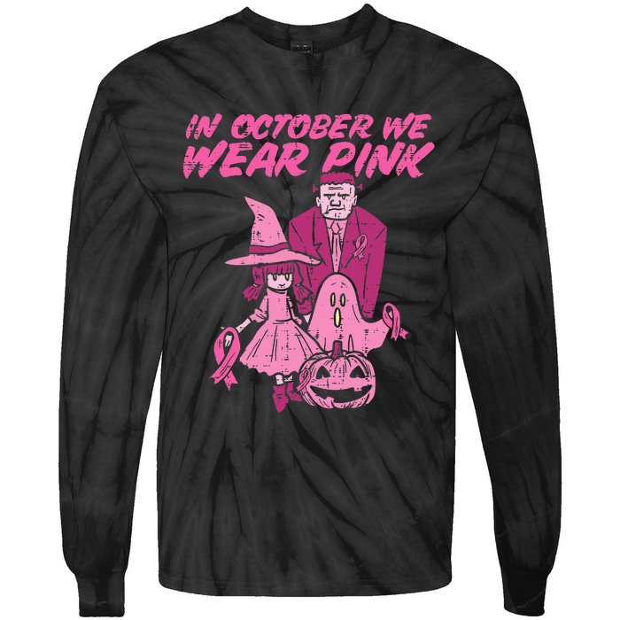 In October We Wear Pink Witch Ghost Breast Cancer Awareness Tie-Dye Long Sleeve Shirt