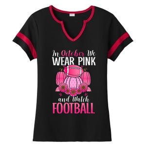 In October We Wear Pink Football Pumpkin Breast Cancer Ladies Halftime Notch Neck Tee