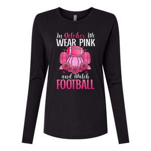 In October We Wear Pink Football Pumpkin Breast Cancer Womens Cotton Relaxed Long Sleeve T-Shirt