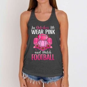 In October We Wear Pink Football Pumpkin Breast Cancer Women's Knotted Racerback Tank