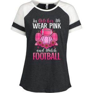 In October We Wear Pink Football Pumpkin Breast Cancer Enza Ladies Jersey Colorblock Tee