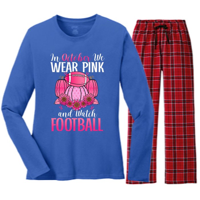 In October We Wear Pink Football Pumpkin Breast Cancer Women's Long Sleeve Flannel Pajama Set 