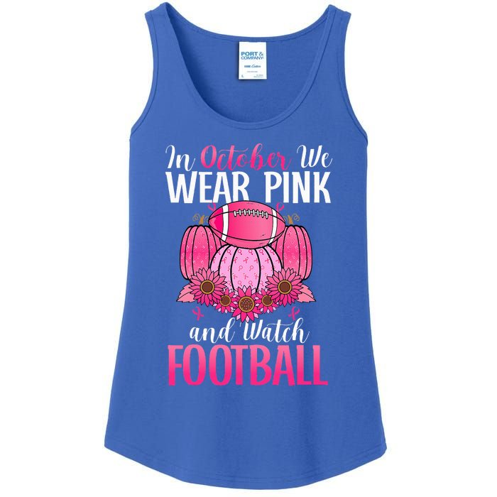 In October We Wear Pink Football Pumpkin Breast Cancer Ladies Essential Tank