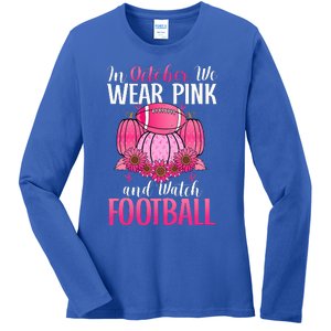 In October We Wear Pink Football Pumpkin Breast Cancer Ladies Long Sleeve Shirt