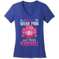 In October We Wear Pink Football Pumpkin Breast Cancer Women's V-Neck T-Shirt