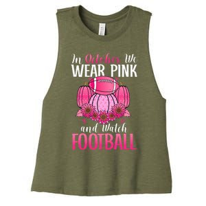 In October We Wear Pink Football Pumpkin Breast Cancer Women's Racerback Cropped Tank