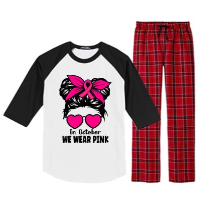 In October We Wear Pink Messy Bun Girls Breast Cancer Raglan Sleeve Pajama Set