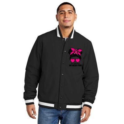 In October We Wear Pink Messy Bun Girls Breast Cancer Insulated Varsity Jacket