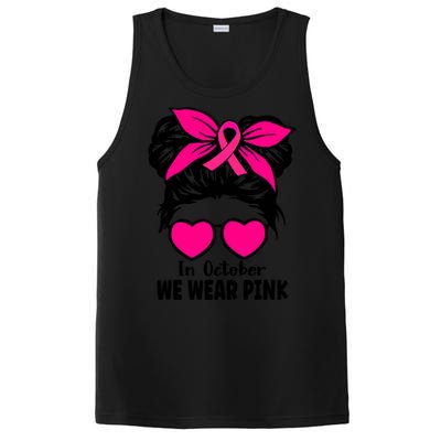 In October We Wear Pink Messy Bun Girls Breast Cancer PosiCharge Competitor Tank