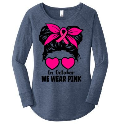 In October We Wear Pink Messy Bun Girls Breast Cancer Women's Perfect Tri Tunic Long Sleeve Shirt