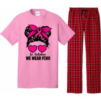 In October We Wear Pink Messy Bun Girls Breast Cancer Pajama Set