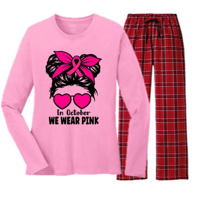 In October We Wear Pink Messy Bun Girls Breast Cancer Women's Long Sleeve Flannel Pajama Set 