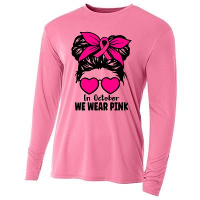 In October We Wear Pink Messy Bun Girls Breast Cancer Cooling Performance Long Sleeve Crew