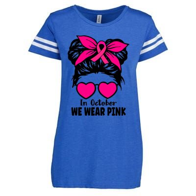 In October We Wear Pink Messy Bun Girls Breast Cancer Enza Ladies Jersey Football T-Shirt